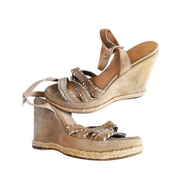 Comptoir des Cotonniers Suede Wedge Strappy Sandal Boho Beige Silver 7.5 Boho - Picture 1 of 9